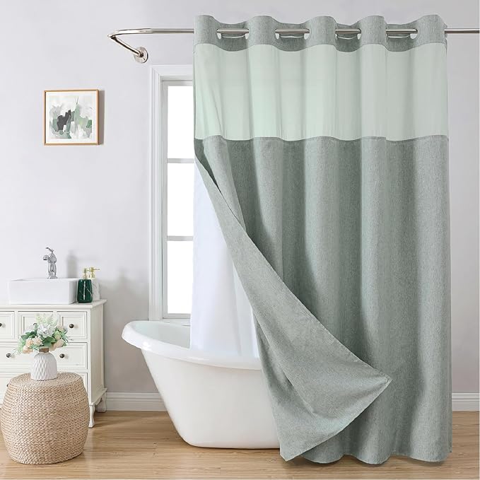 Long No Hooks Needed Linen Textured Shower Curtain with Snap-in Fabric Liner Set,Sage Green Hotel Luxury Decor Shower Curtains for Bathroom,Waterproof & Washable,71Wx80H