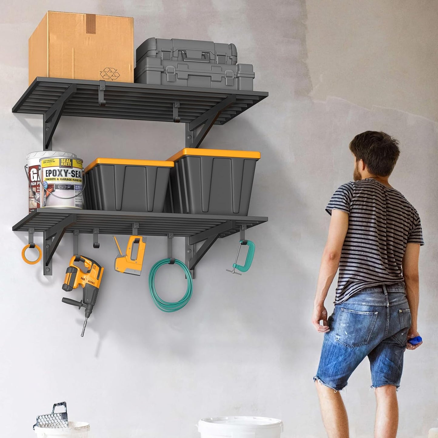 2-Pack 2x3ft Garage Shelving Wall Mounted, 2' x 3' Heavy Duty Garage Storage Shelves with Hooks, 400LB Capacity