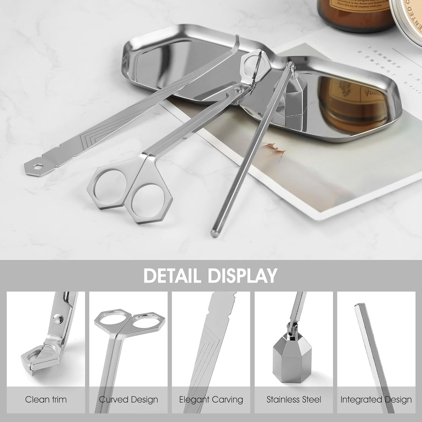 3-in-1 Candle Accessory Set, Wick Trimmer, Candle Snuffer, Wick Spoon, Stainless Steel Material Perfect for Candle Lovers (Silver)