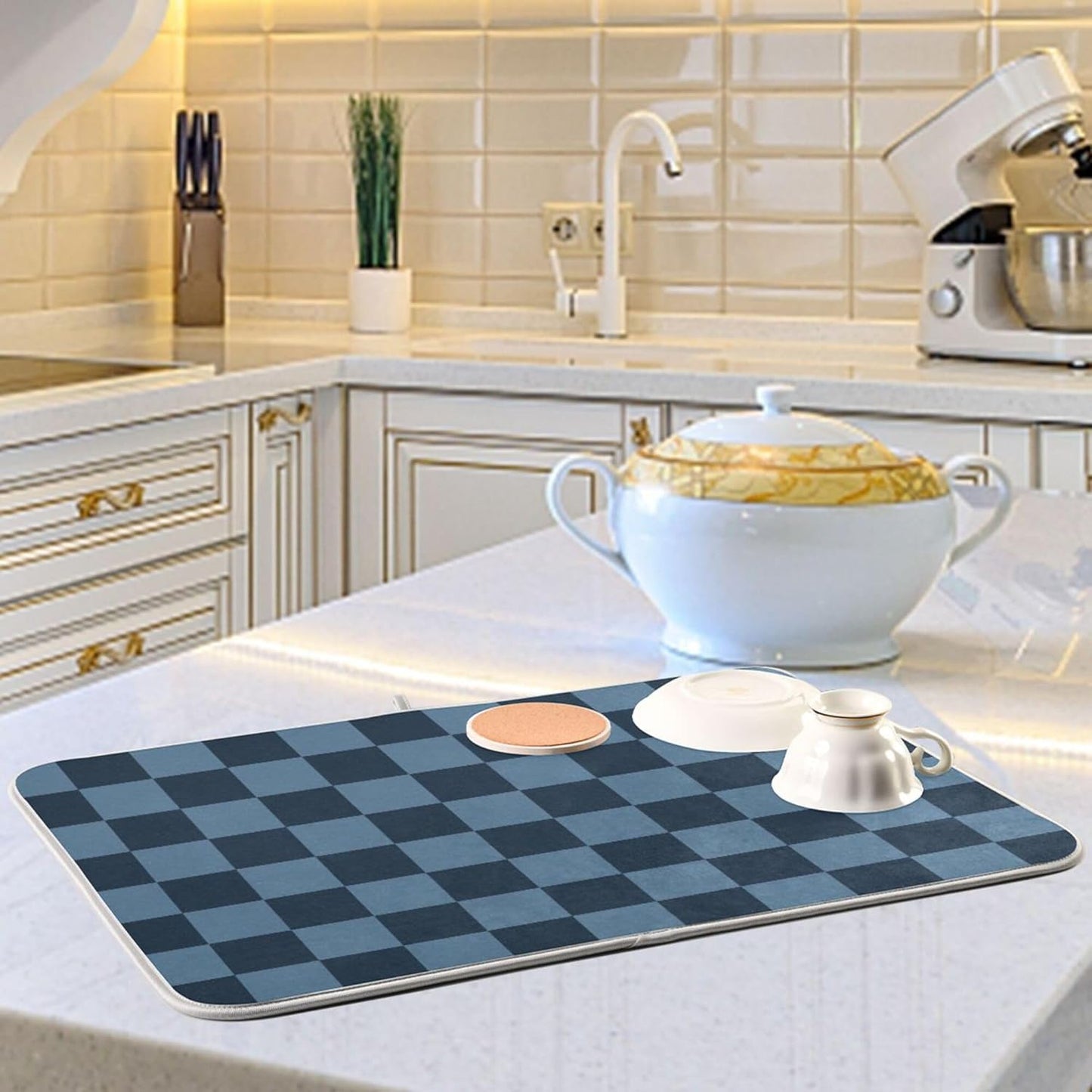 Buffalo Plaid Navy Blue Dish Drying Mat for Kitchen Countertop 16x18 Chessboard Rectangle Small Drying Mat Reusable Quick Dry Dish Sink Absorbent Mats Dishwasher Easy Clean Decorative Home Essentials