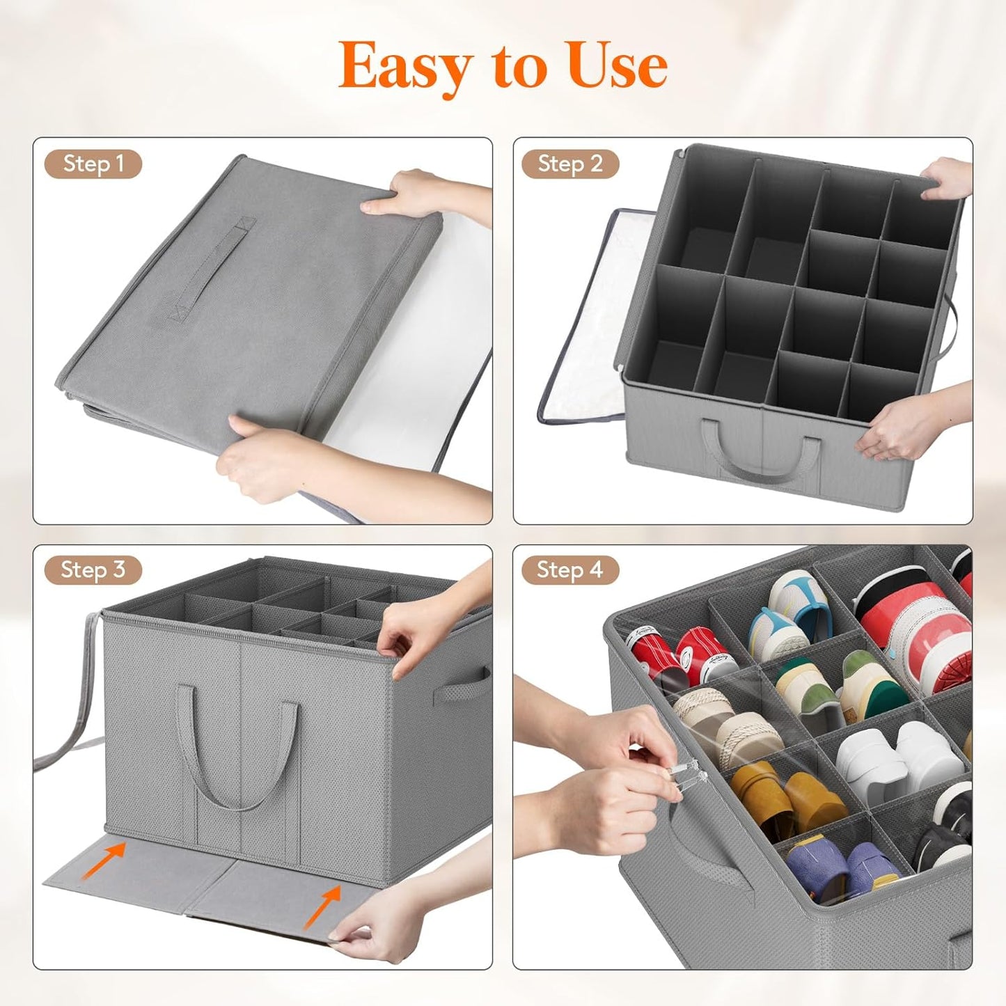 Lifewit Shoe Storage Organizer for Closet Fits 12-16 Pairs, Fabric Large Shoe Box Storage Containers with Clear Cover, Foldable Bins Fit for Boots Sneakers 17"(L) x 17"(W) x 12.5"(H) 1 Pack Light Gray