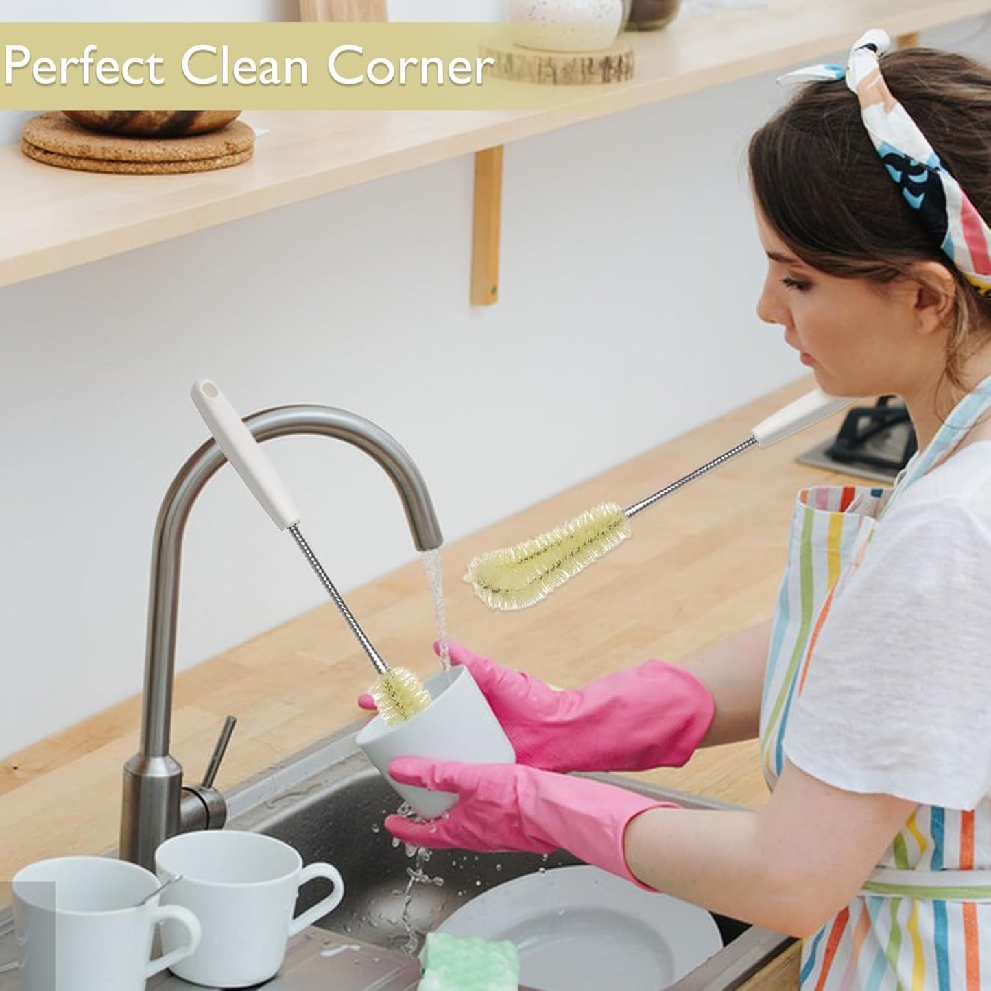 2-Pack 16 inches Long Handle Bottle Cleaning Brushes - Ideal for Coffee Glasses, Pots, Milk Cups, Mugs, Wine Bottles, and Baby Bottles (Beige)