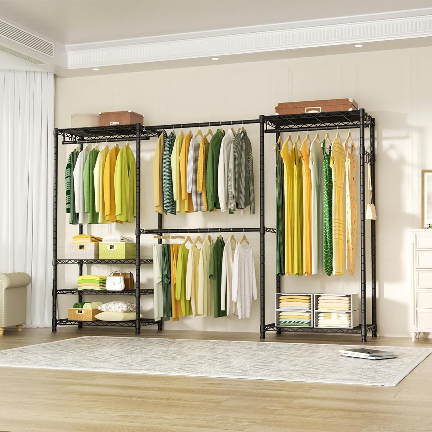 Ulif E1 Heavy Duty Closet Garment Rack, 6 Tiers Adjustable Metal Freestanding Expandable Clothing Storage with 4 Hanger Rods, Easy to Assemble Wardrobe, 71.4" H x (70" - 88.2") L x 14" D, Black