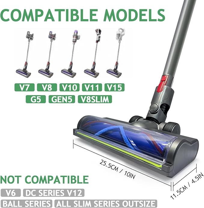 Vacuum Head Hardwood Floor Attachment for Dyson Cordless Vacuum V7 V8 V10 V11 V15 G5 V8 slim, Replacement Cleaner Head full-area LED Green Light, Quick-Release Design for Hard Floor Short Pile Carpets