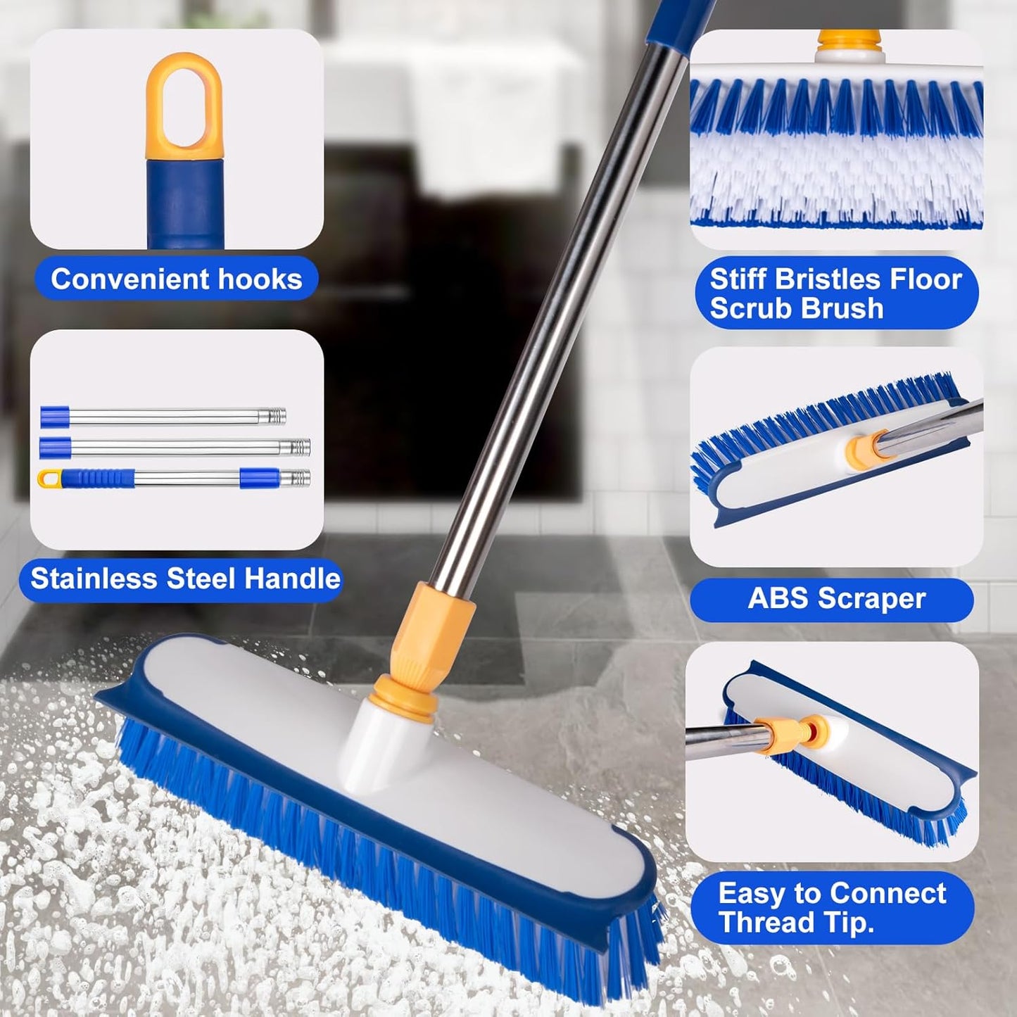 ITTAHO Floor Scrub Brush - 2 in 1 Deck Scrub Brush with Long Handle for Tile, Deck, Patio, Marble, Garage, Wall, Kitchen, Bathroom