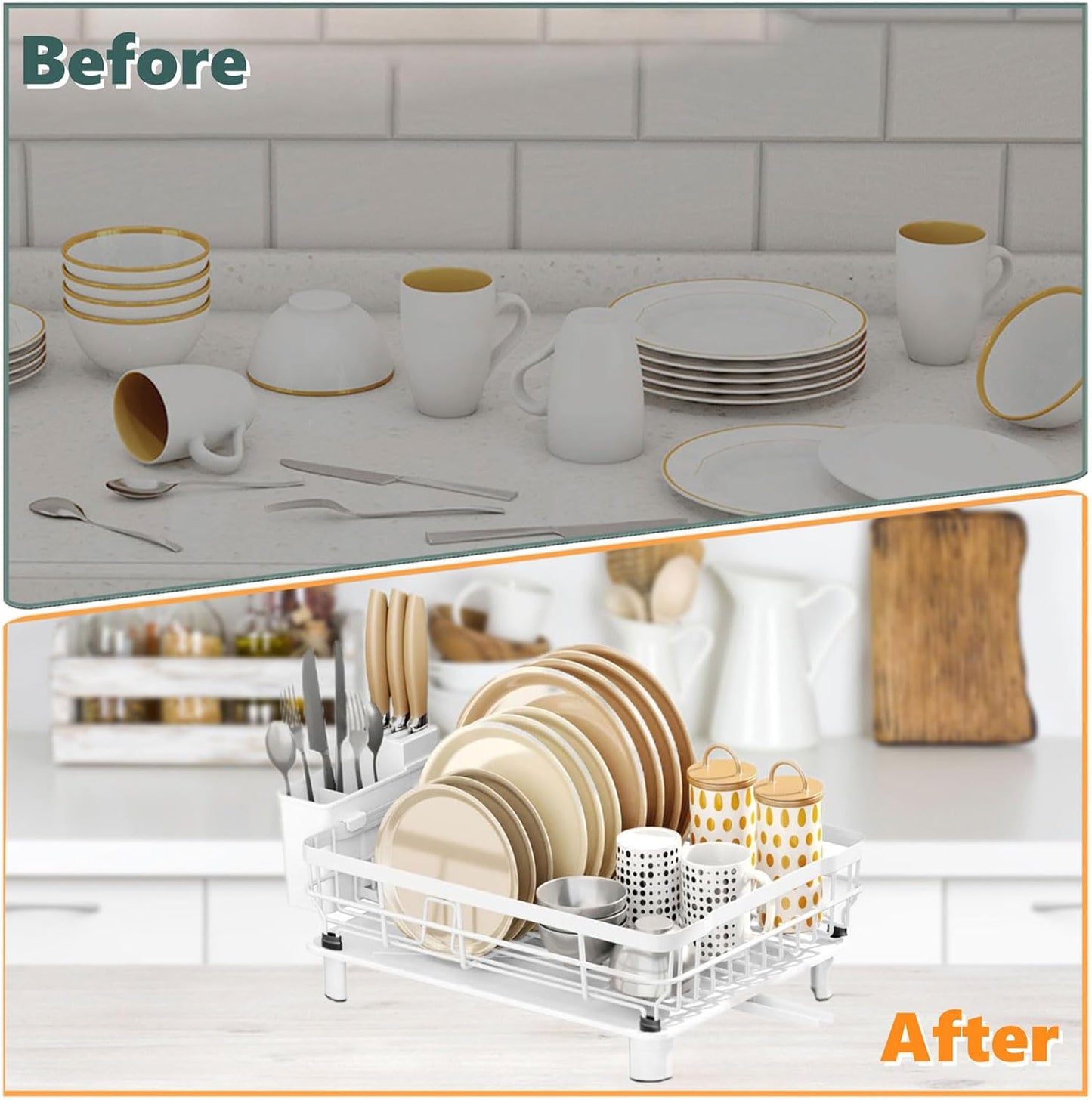 Iron Dish Drying Rack with Drainboard Dish Drainers for Kitchen Counter Extendable Spout Strainers with Utensil Holder and Knife Slots, White