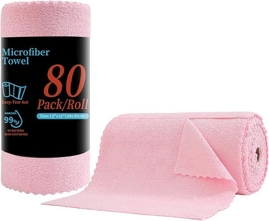80 Pack Microfiber Cleaning Cloth Roll,Lint Free Rags & Tear Away Reusable Towels Washable Scratch,Ultra Absorbent Dish Rags(12" x 12") for Car Kitchen Home Garage-Pink