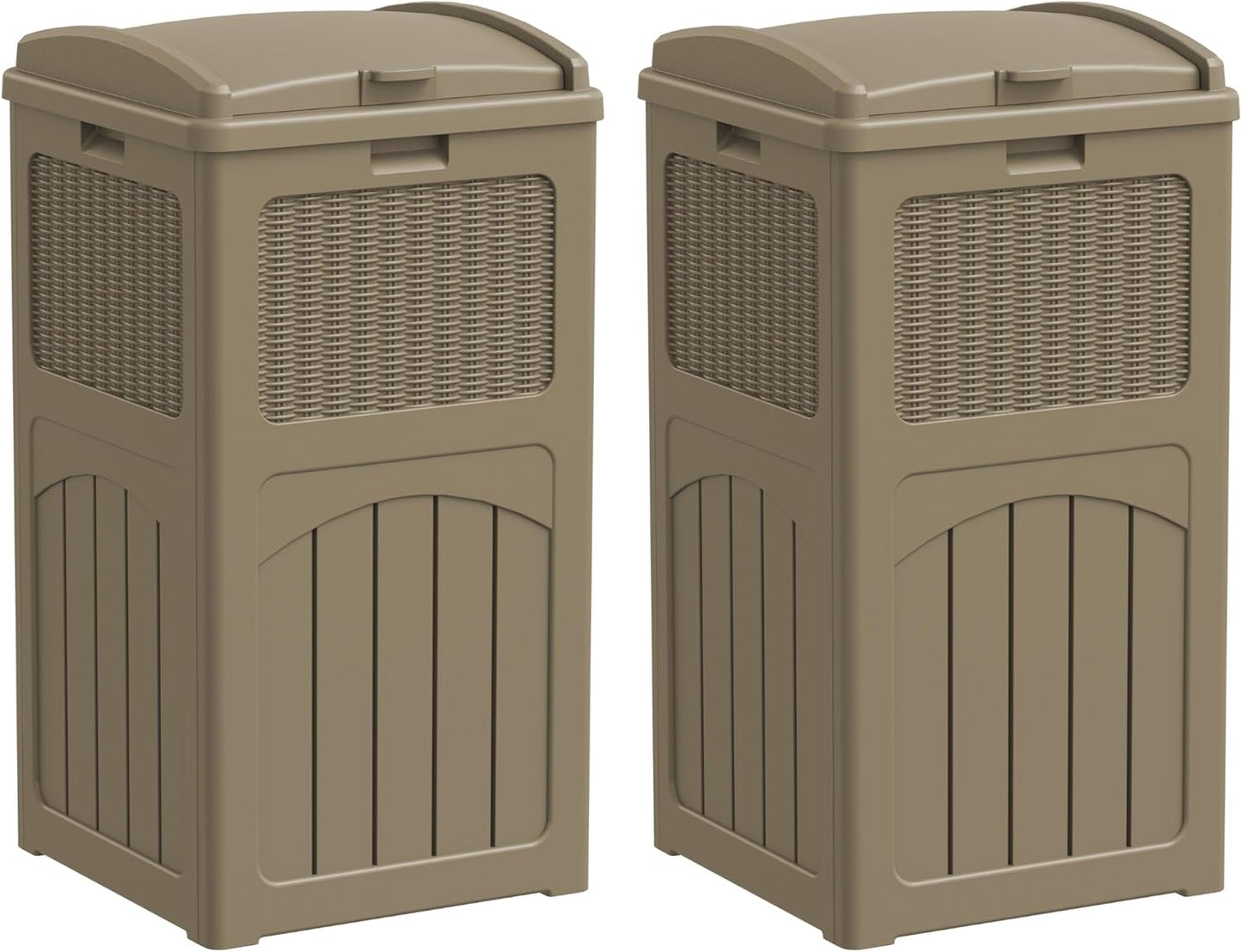 Greesum 33 Gallon Outdoor Trash Can with Lid (2-Pack), Heavy Duty Resin Garbage Bin, Waterproof & UV Resistant for Patio, Garden, Deck, Yard, Light Coffee