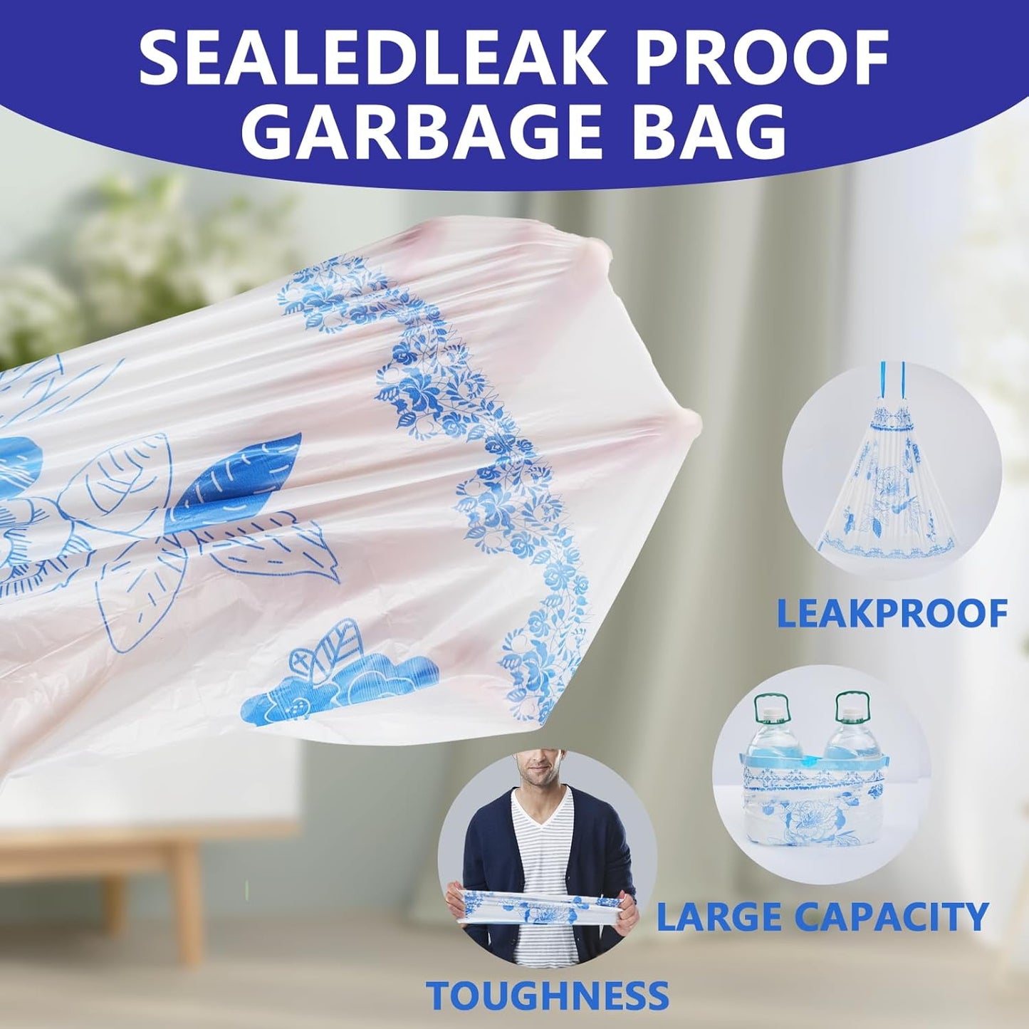 VOK 4 Gallon Trash Bags Drawstring, 4 Gallon Garbage Bags, Small Trash Bags for Office, Kitchen, Bedroom Trash Cans, Colorful and Sturdy Small Garbage Bags with Beautiful Flower Printed, 78 Counts