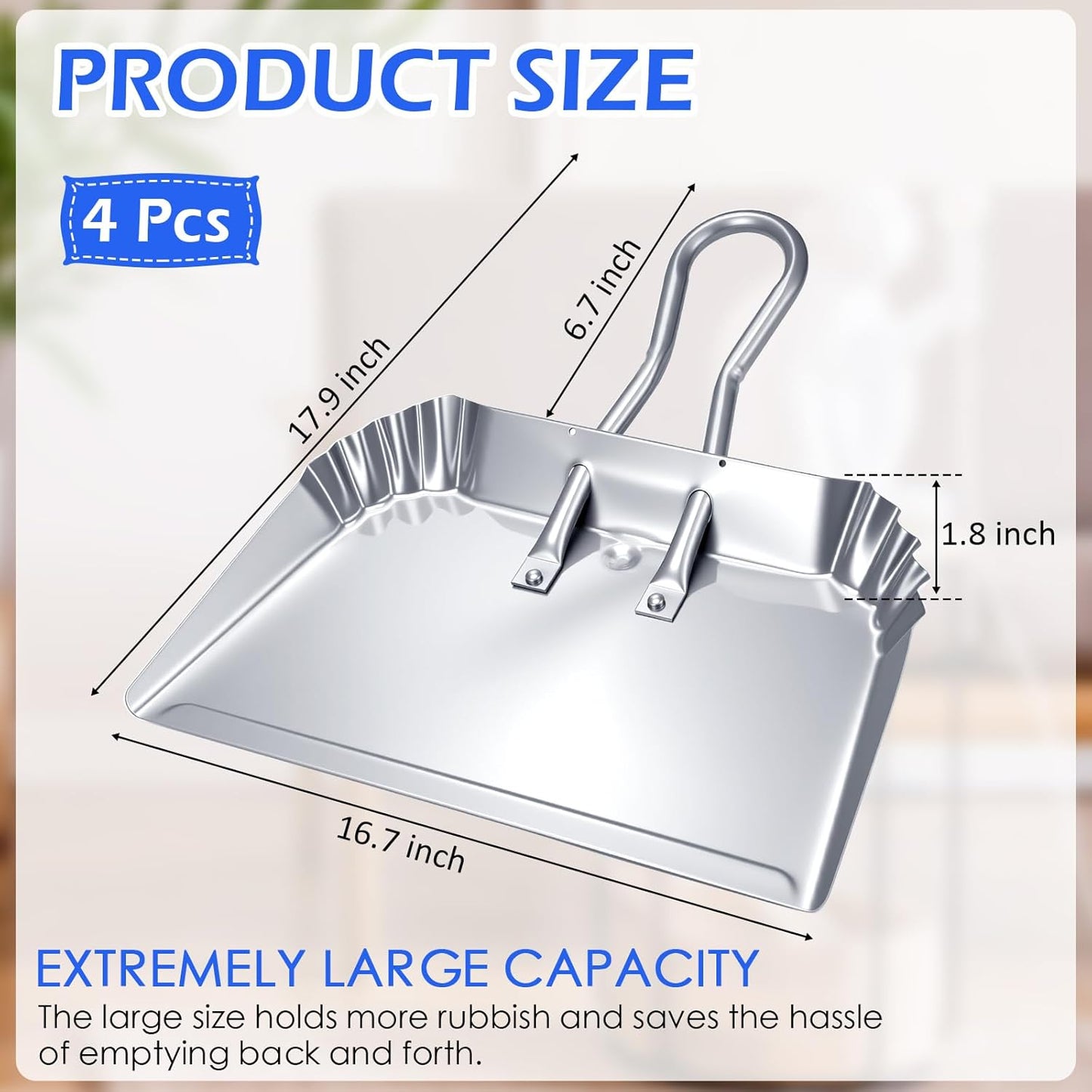 Mumufy 4 Pcs 16 Inch Heavy Duty Metal Dustpan Large Wide Dust Pans for Household Handheld Wide Scooper and Debris Cleaning Tool Ideal for Home and Commercial Use (Sliver)