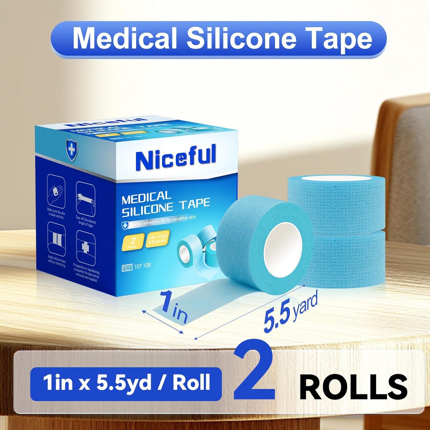2 Rolls Silicone Medical Tape for Wound Care - Surgical Tape for Secures Dressings and Gauze, Blue Waterproof Medical Tape for Sensitive Skin （1" x 5.5 Yard）