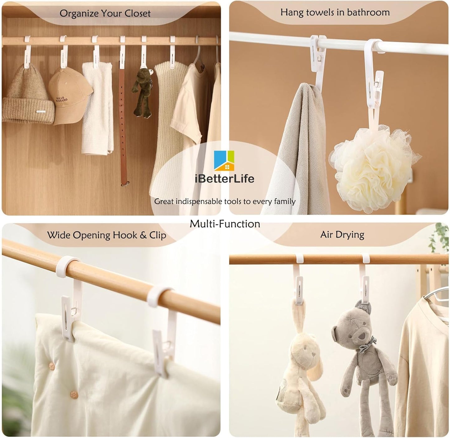 iBetterLife 4Pcs Laundry Hooks Clips Hanger - Laundry Clips with Hooks Heavy Duty Closet Organizer Clothes Pins Hanging Towel Clamps for Socks, Boot, Bras for Bathroom Wardrobe Kitchen