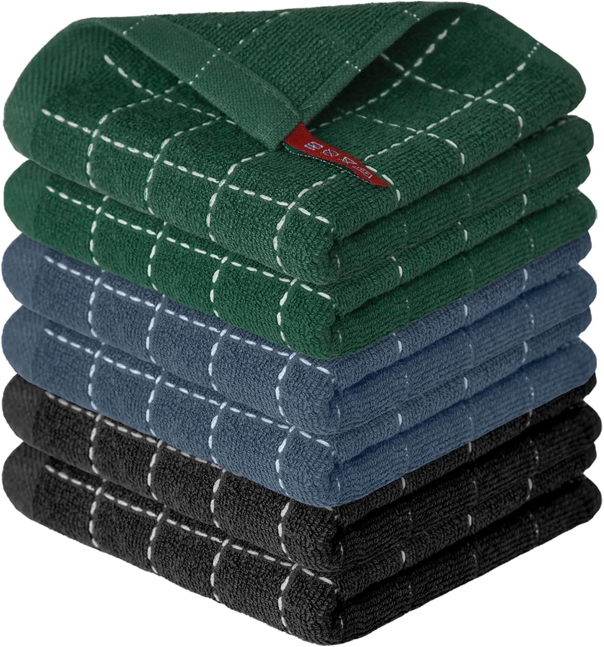 Artoid Mode Checkered Designed Cotton Grey Black Green Terry Kitchen Dish Cloths, 12x12 Inch Soft Absorbent Quick Drying Kitchen Rags Set of 6