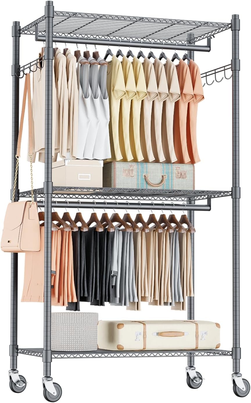 Homdox Garment Rack Heavy Duty, 3 Tier Rolling Clothing Racks for Hanging Clothes, Metal Wardrobe Closet, Free-Standing Clothes Organizer Rack with Double Rods & Side hooks, Gray