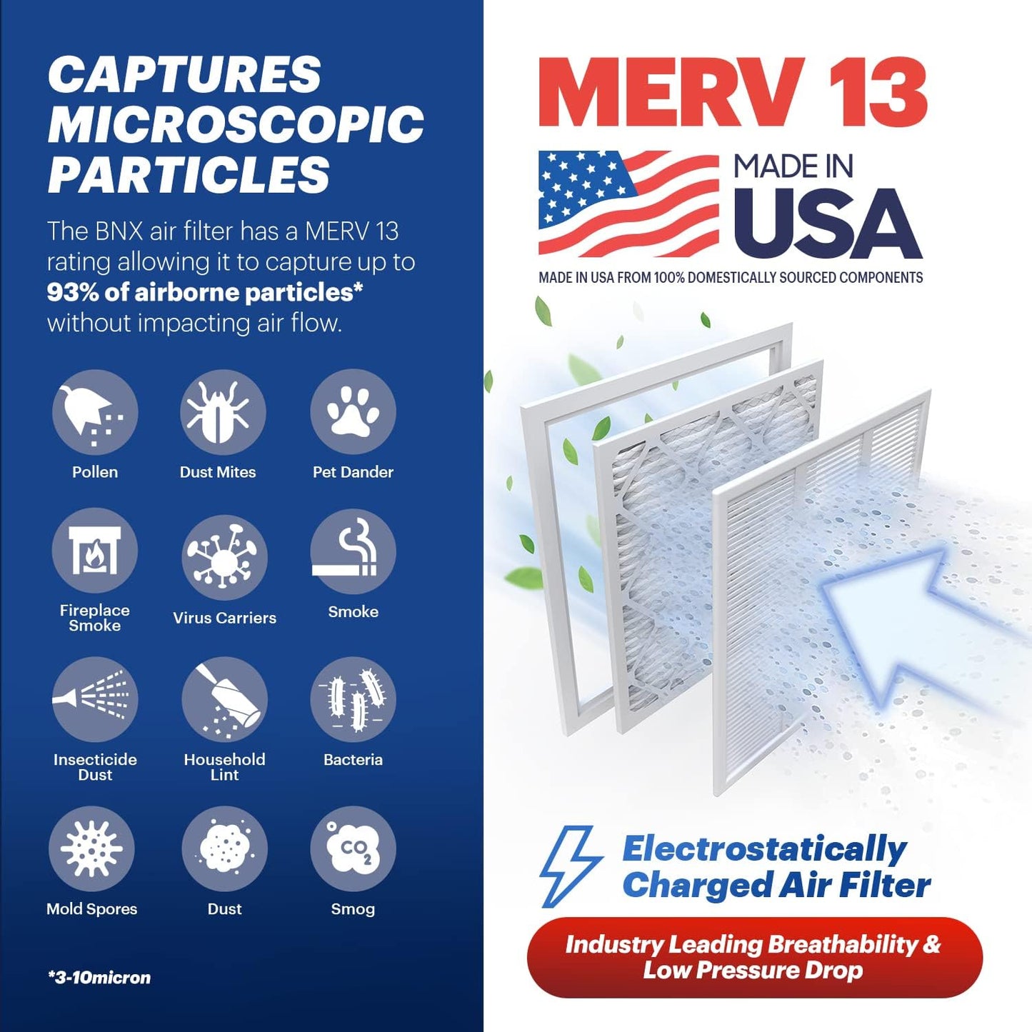 BNX TruFilter 18x24x1 Air Filter MERV 13 (4-Pack) - MADE IN USA - Electrostatic Pleated Air Conditioner HVAC AC Furnace Filters for Allergies, Pollen, Mold, Bacteria, Smoke, Allergen, MPR 1900 FPR 10