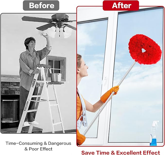 Ceiling Fan Cleaner Duster Reusable Microfiber Ceiling Fan Blade Cleaner Removable Duster with Extension Pole Adjusts 13 to 49.7 Inch for Cleaning Walls Bookshelves Furniture Door Window Top (Red)