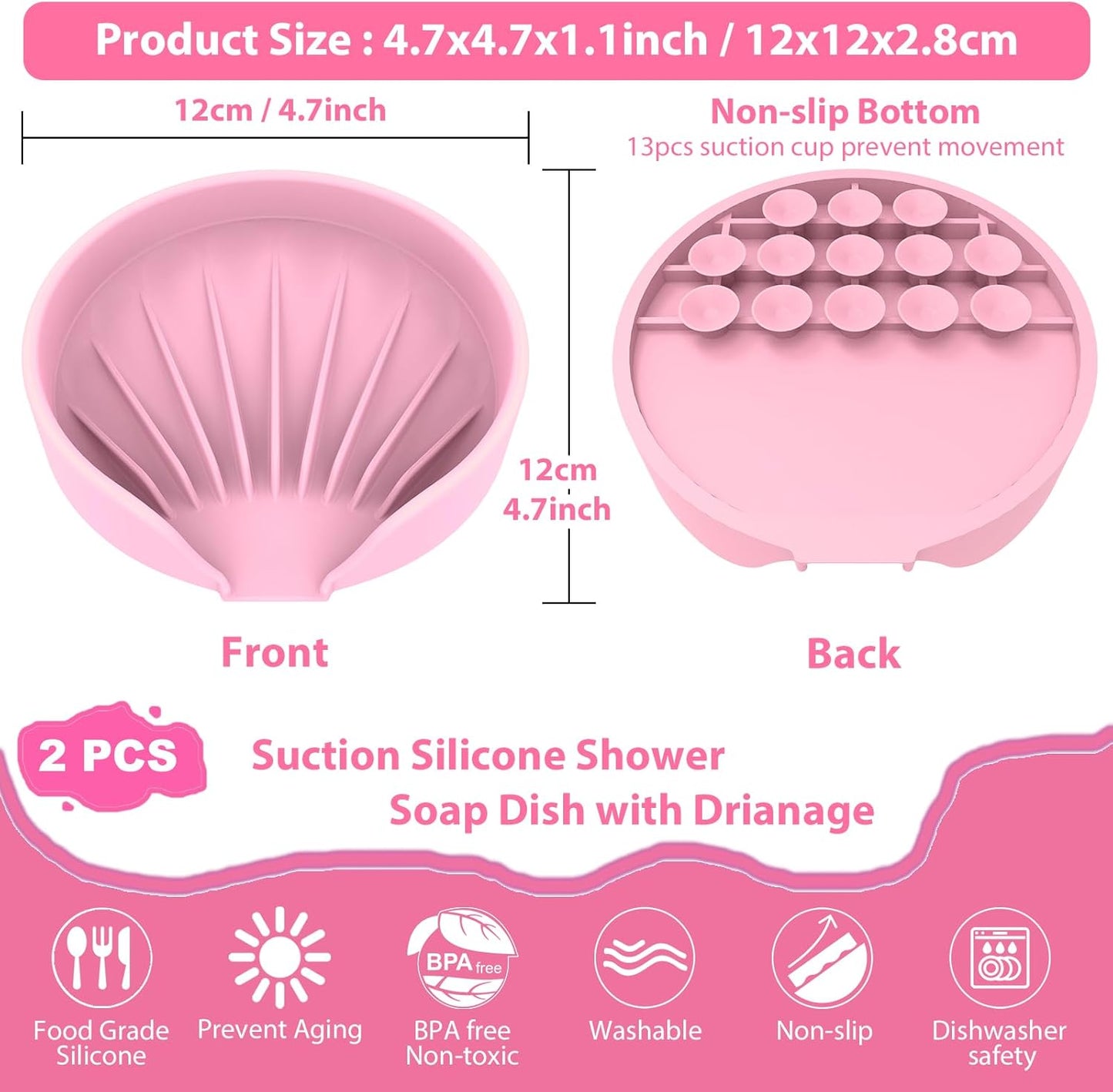 Self Draining Soap Dish, Silicone Suction Cup Soap Holder Tray Savers Container Sponge Holder for Bar Bathroom Shower Kitchen Sink, Can Extend Soap Life (2, Pink)