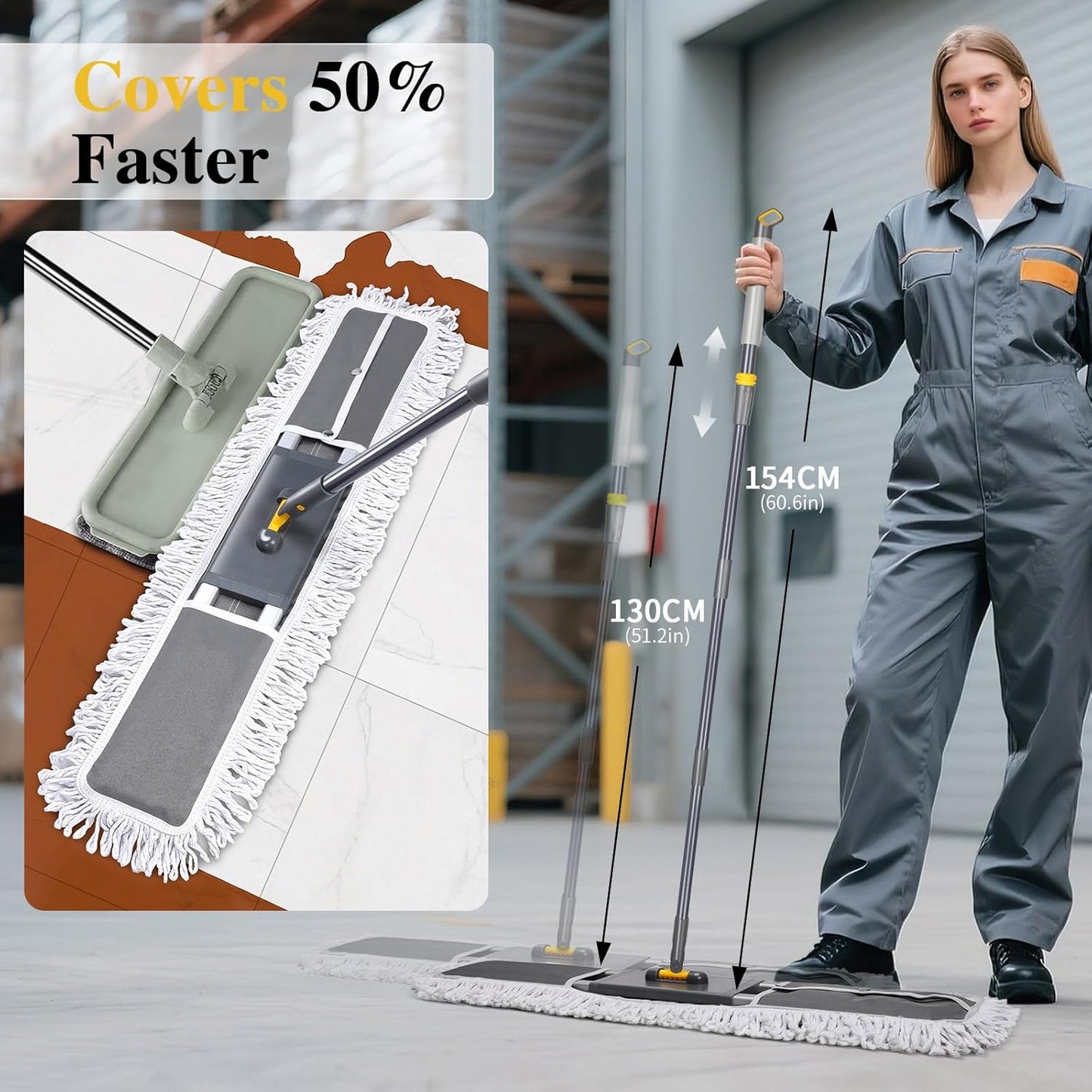 Masthome 36" Commercial Mop, Heavy Duty Industrial Floor Mop with 3 Microfiber Pads, 60" Adjustable Large Dust Mop,Wet Dry Flat Mops for Office Garage Warehouse Factory Mall