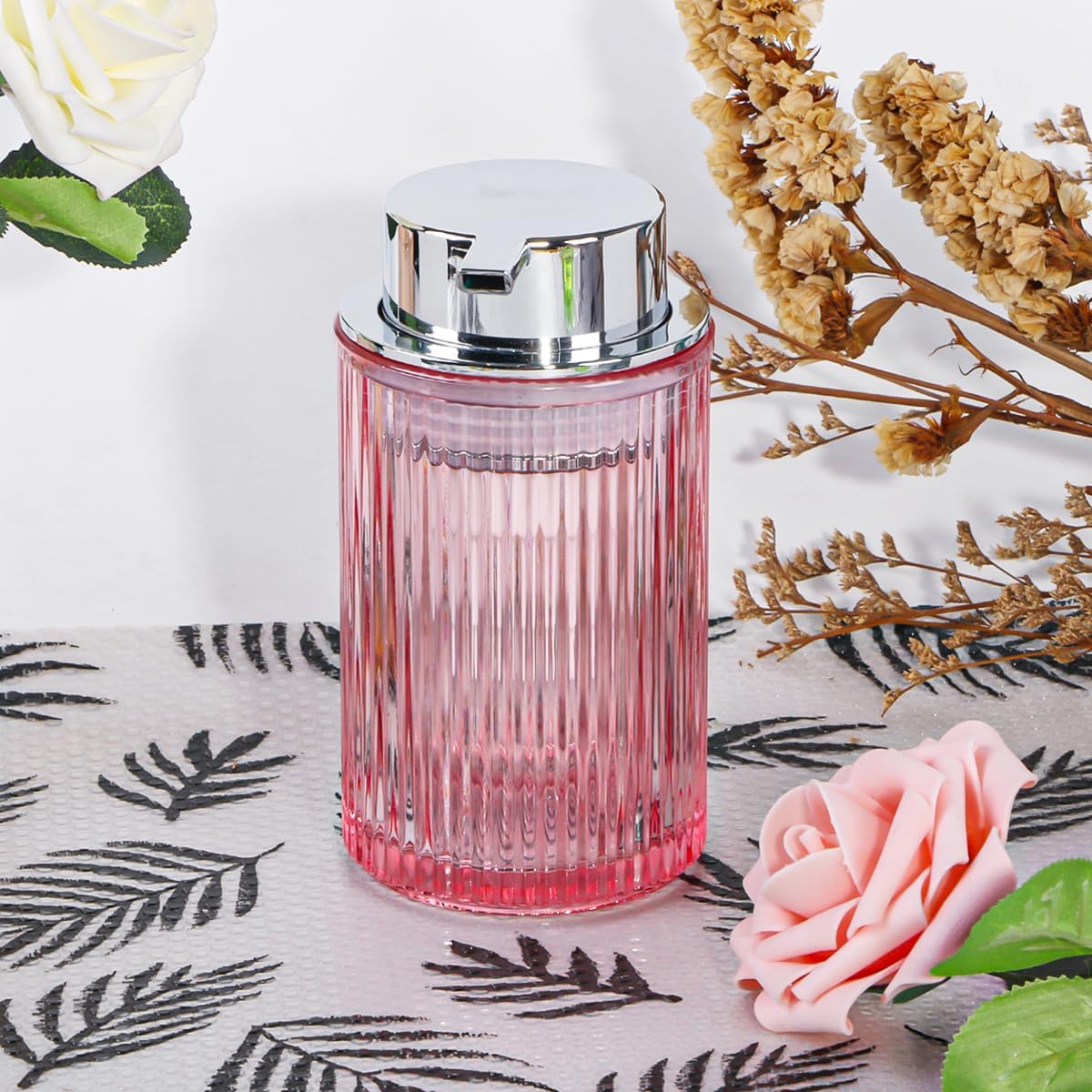 Pink Foaming Soap Dispenser, 12 Oz Glass Foaming Hand Soap Dispenser with Silver Pump, Bathroom Refillable Liquid Lotion Container Pump Ribbed Bottle for Kitchen Bathroom Decor, 1pc