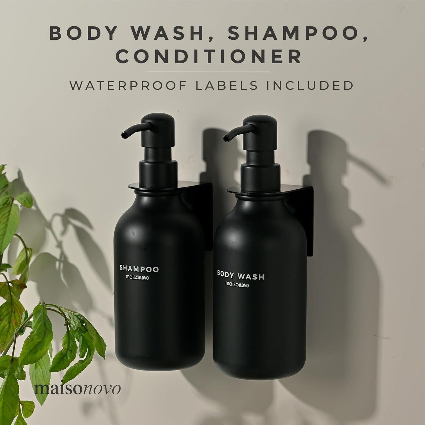 MaisoNovo Shampoo and Conditioner Dispenser - Shower Soap Dispenser Wall Mounted - 16.9 fl oz Set of 2 Black Plastic Bottles Black Pumps - 2 Chamber No Drill