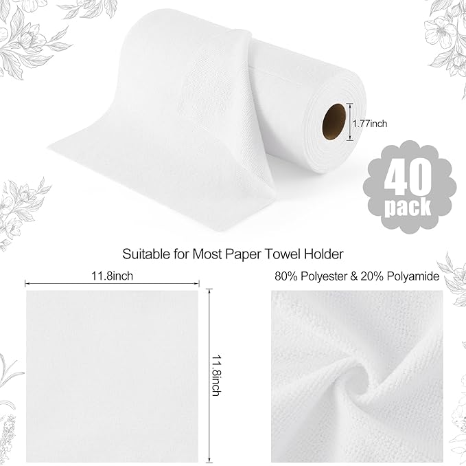 Homaxy Tear Away Dish Cloths Rolls, 40 Sheets-11.8" X 11.8", Reusable Washable Dish Towels for Kitchen, Ultra Absorbent and Quick Drying Microfiber Cleaning Rags, White