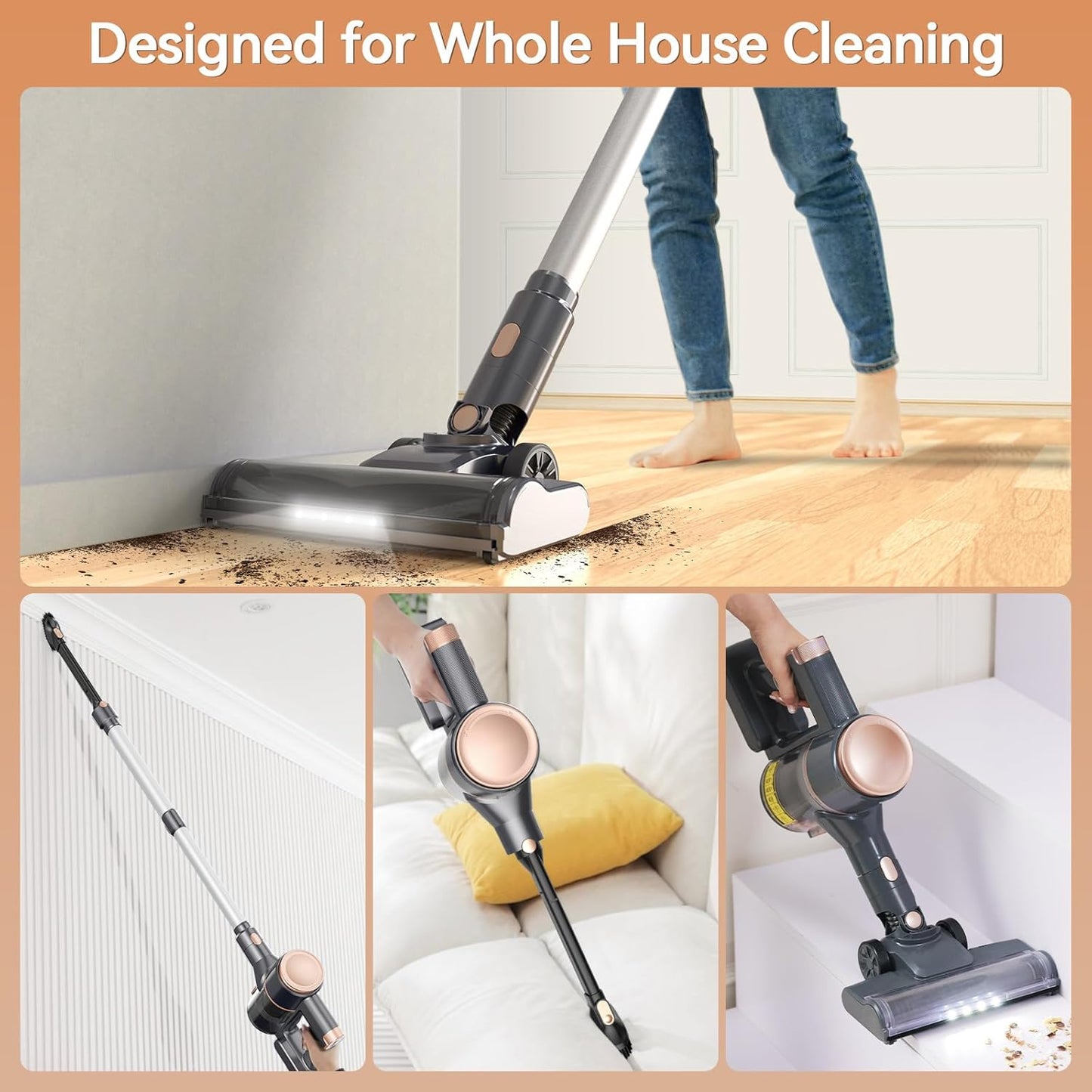 N8 Cordless Vacuum Cleaner,Lightweight Stick Vacuum with Powerful Suction,2200mAh Battery,40 Mins Runtime,Self-Standing,Rechargeable Vacuum Cleaners for Home Hardwood Floor Carpet Pet Hair (Gold)