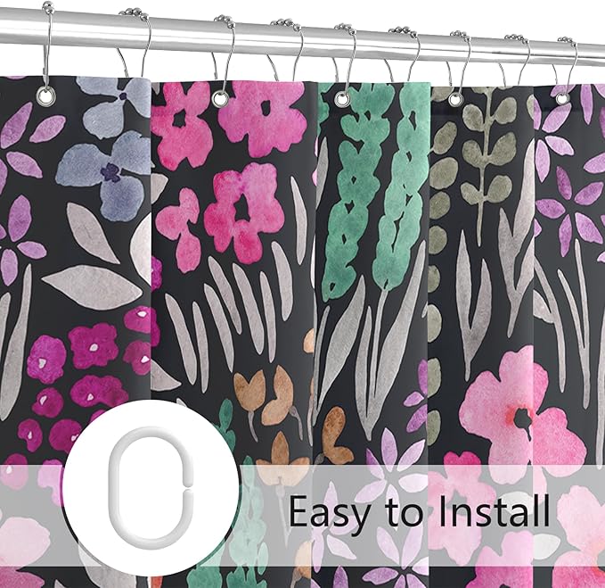 Small Stall Shower Curtain 36 x 72 Inch, Half Narrow Cute Floral Shower Curtain for Bathroom, Black Hot Pink Wildflower Boho Cottagecore Fabric Shower Curtain Set with Hooks