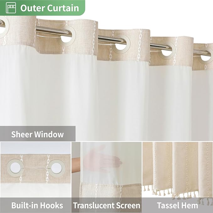 Boho Farmhouse No Hook Shower Curtain Set with Snap-in Fabric Liner,Heavy-Duty Linen Textured Rustic Striped Design,Water-Repellent with Tassels and Sheer Window,Cream/Beige,71x74