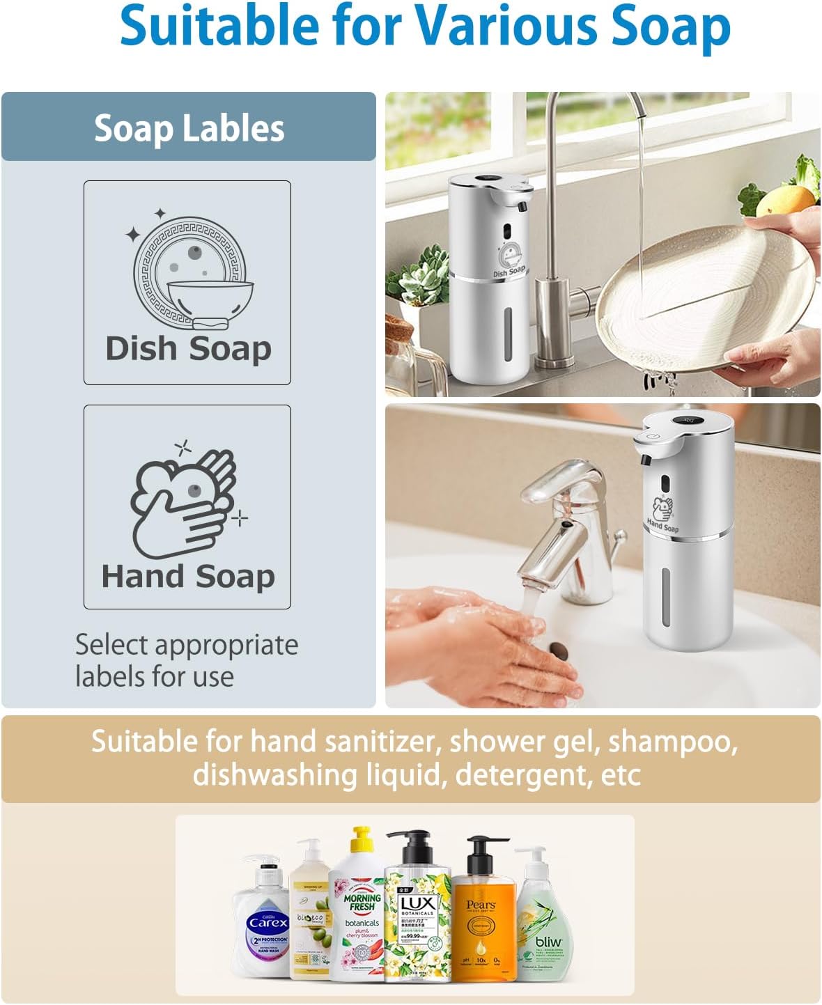 Automatic Liquid Soap Dispenser 12.8oz, Rechargeable & 6 Levels Soap Adjustable with Digital Display, Wall Mount, Waterproof, Touchless Hand/Dish Soap Dispenser for Kitchen, Bathroom, Hotel