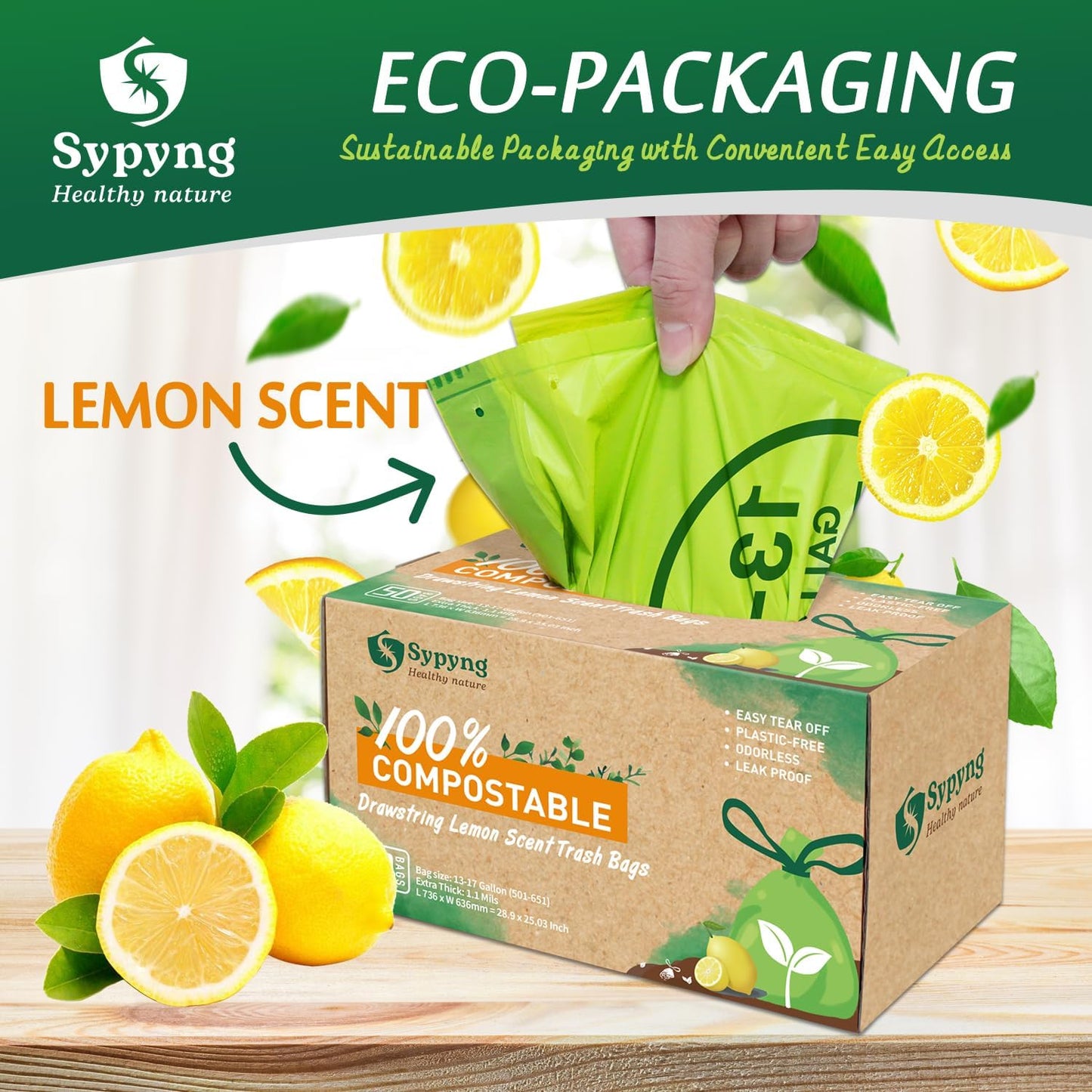 13-17 Gallon Compostable Trash Bags (50-Pack) Heavy-Duty & Durable, 1.1 Mil Thick | 100% Biodegradable for Large Bins | Certified ASTM D6400, BPI & OK Compost HOME, Eco-Friendly & Recyclable