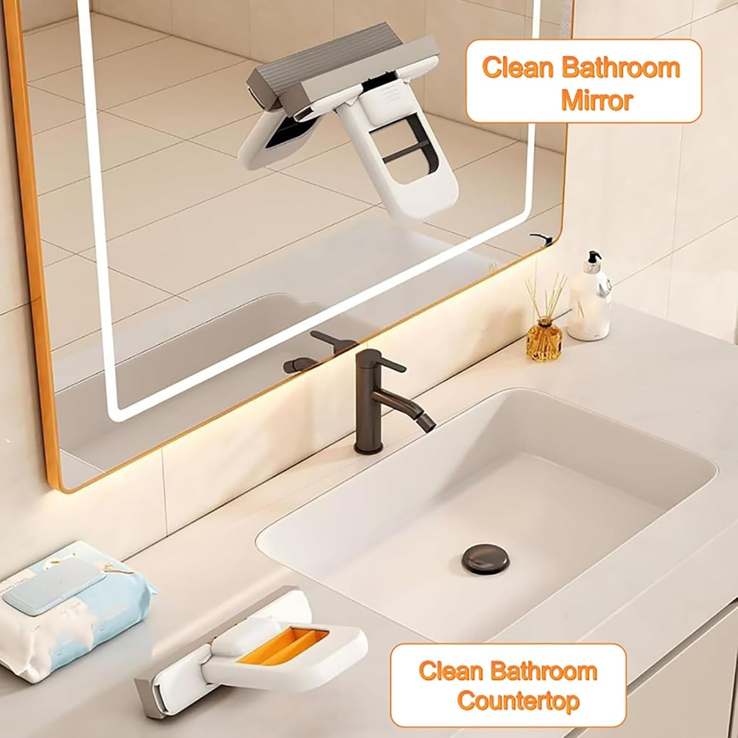 Mini Foldable Desktop Mop, Sponge Mop Wet and Dry Use Cleaning System, Self-Squeeze Small Mop for Bathroom Kitchen Desktop Glass Living Room Car (Orange+Black, 2pcs)