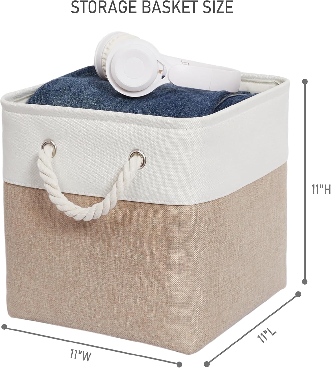 11 x 11 Inch Storage Cubes, 6 Pack Large Collapsible Fabric Storage Bin with Ropes, Foldable Storage Cubes for Home, Office,Closet, Clothes, Toys Organizer (White&Beige)