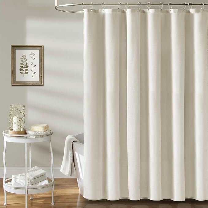 BTTN Stall Fabric Shower Curtain, 54x78 Inch Long Linen Textured Heavy Duty Thick Shower Curtain Set with 10 Plastic Hook, Hotel Spa Weighted Waterproof Neutral Bath Curtains for Bathroom, Light Cream