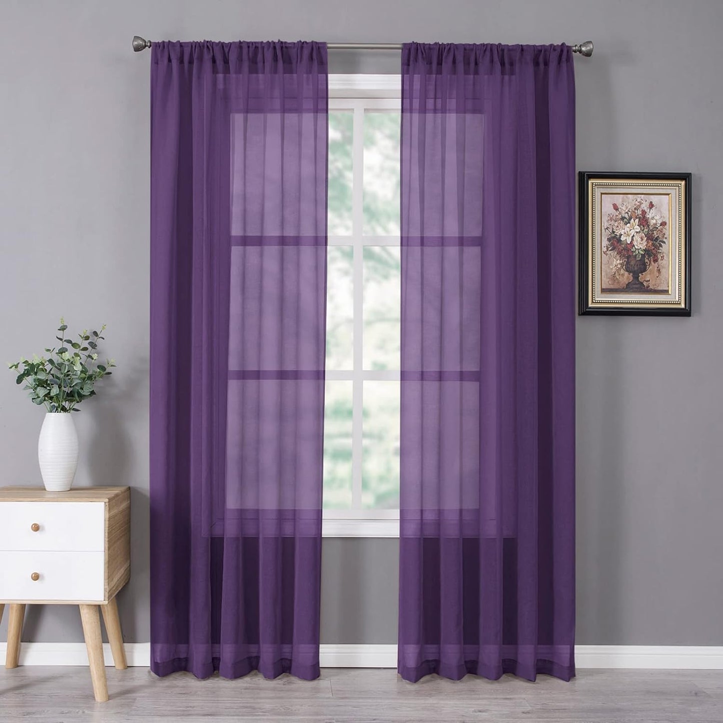 Tollpiz Sheer Curtains Linen Textured Bedroom Curtain Sheers Light Filtering Rod Pocket Voile Curtains for Living Room, 54 x 84 inches Long, Royal Purple, Set of 2 Panels
