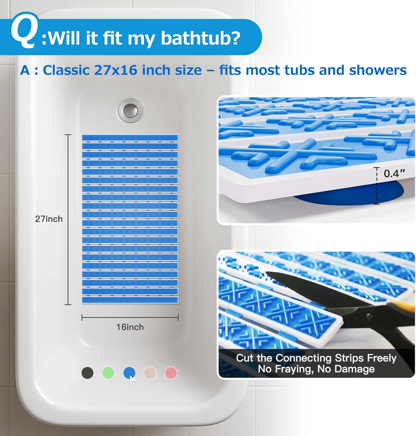 Matace Non Slip Rubber Bathtub & Shower Mat with Suction Cups, Thick Textured Surface, Fast Drain and Upright Drying Design, No Pooling Water for Better Hygiene, 27 x 16 Inch, Navy Blue