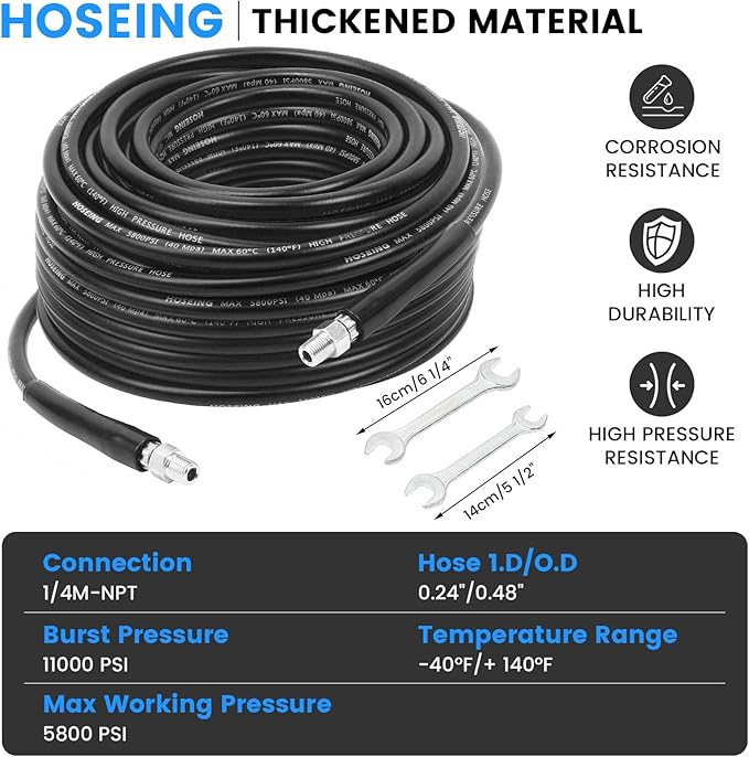 50FT Sewer Jetter Kit for Pressure Washer, 5800 PSI Water Jet Drain Cleaner Hose With Corner Rotating Button Nose Nozzle, 1/4 Inch NPT, Spanner Handle and Strap