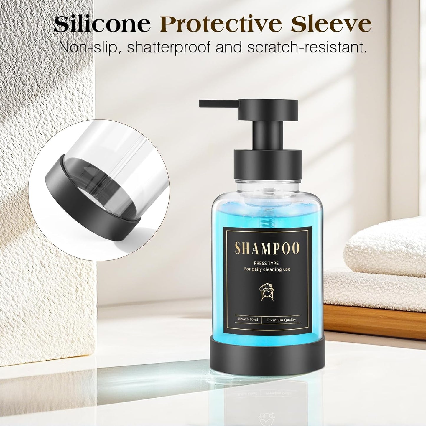 Luxspire Foaming Soap Dispenser, Glass Foam Pump Soap Dispenser, Non-Slip Hand Soap Dispenser with 5 Waterproof Labels, 15 Oz Refillable Liquid Soap Dispenser for Bathroom & Kitchen, Clear, 1 Pack