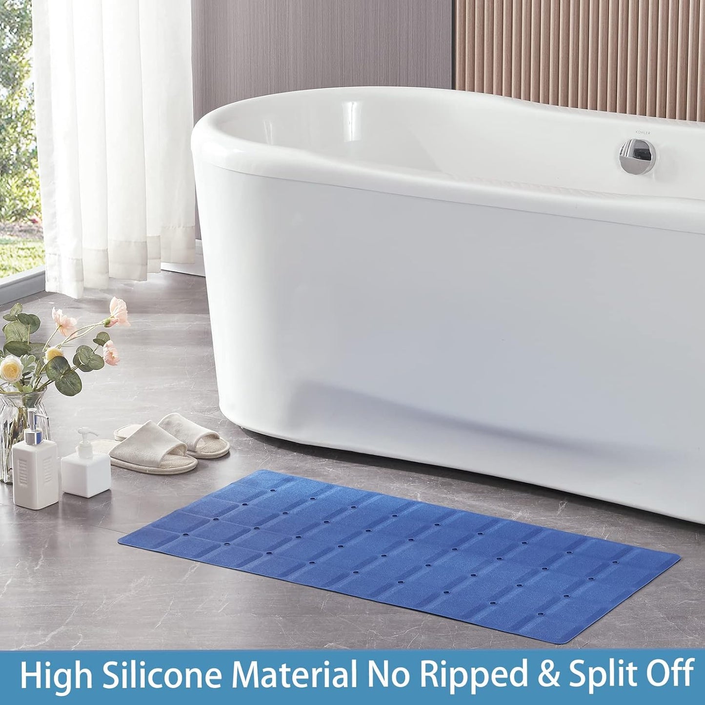 Foldable Silicone Bathtub Mat: Jumbo Size Heavy Duty Safety Bath Mat for Tub Without Suction Cups Non Slip Bath & Shower Mat for Textured, Reglazed, Refinished Tub (Navy Blue, 35.8 x 17.7)