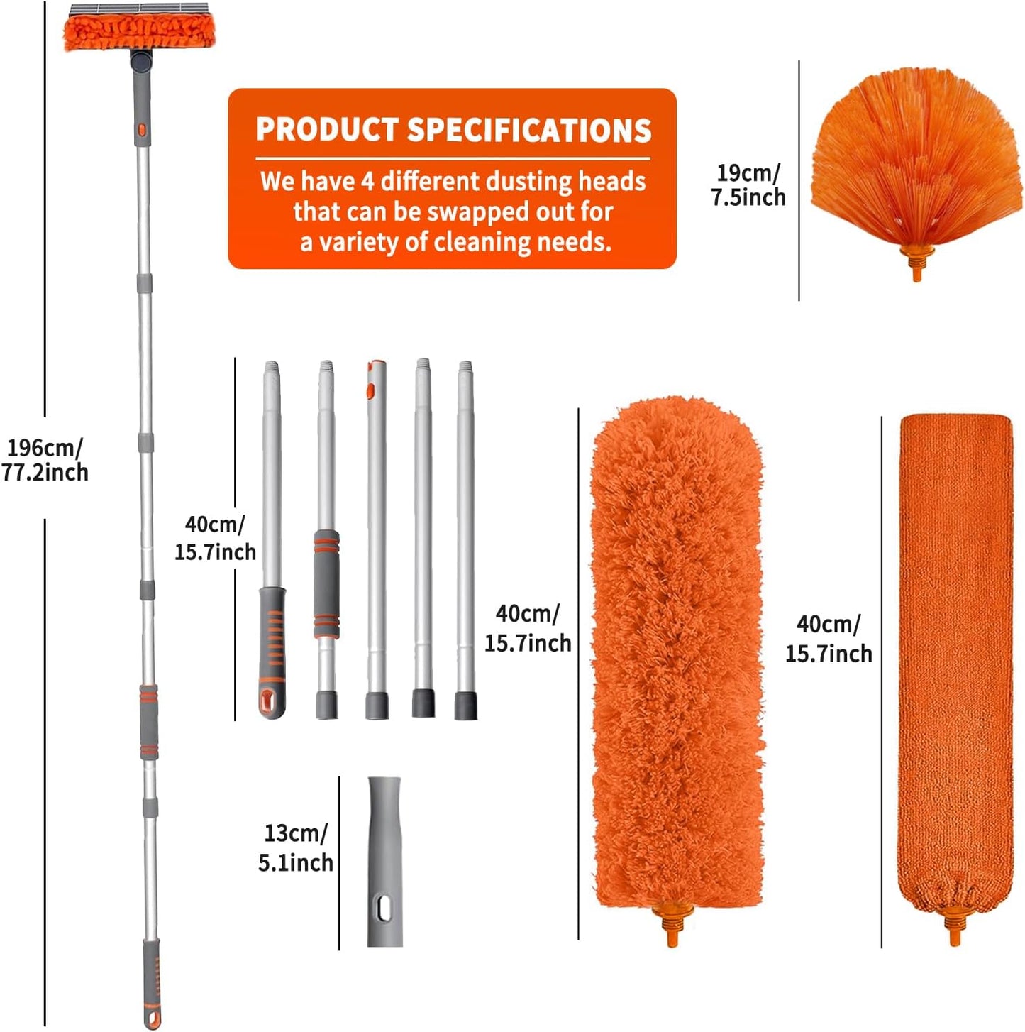 Ceiling Fan Cleaner Duster with 72‘’ Extendable Long Handle Cleaning Duster Kit, Reusable Chenille & Microfiber Mop Head for High Ceiling Fan Blade Wall Blinds Cobweb