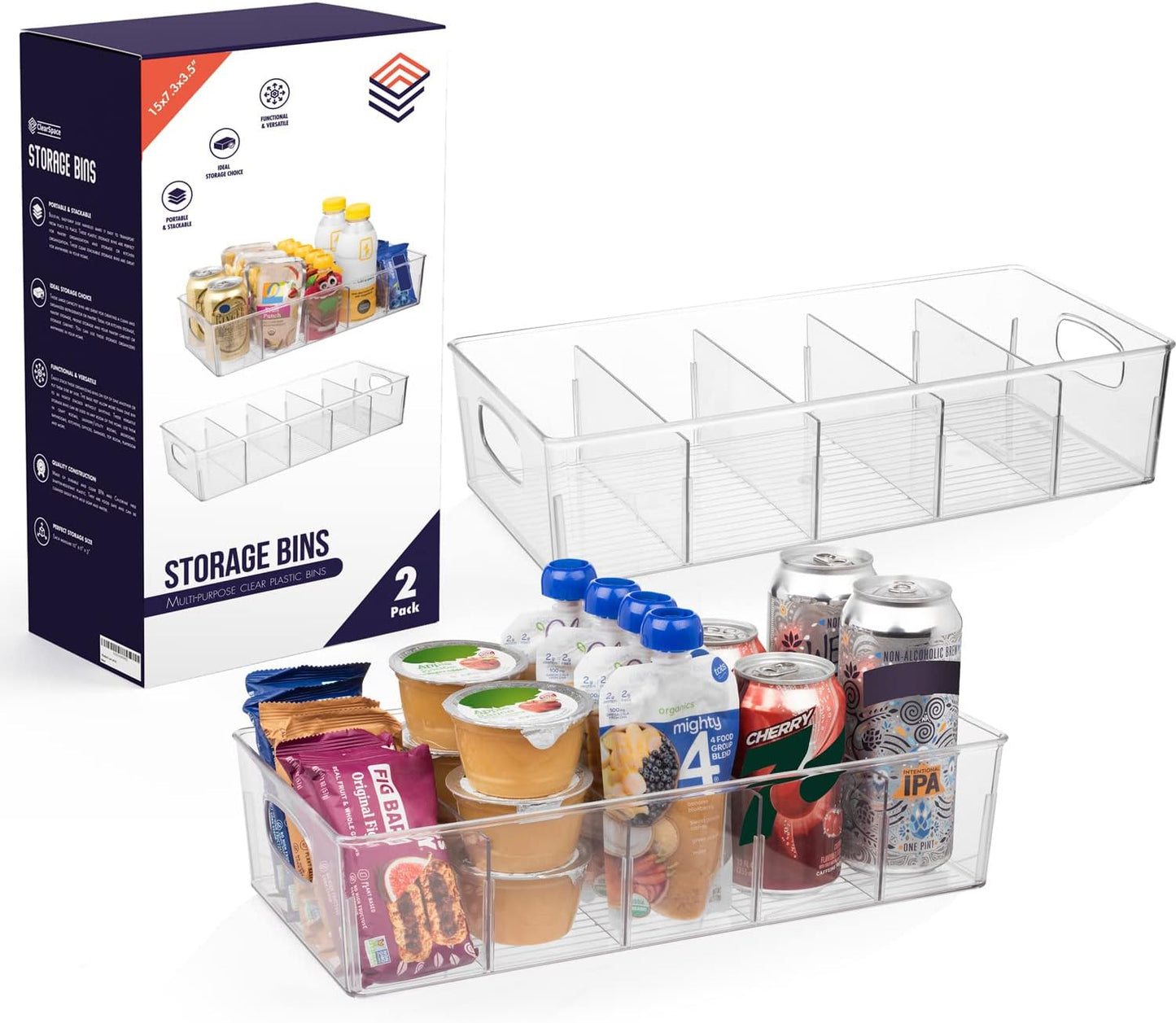ClearSpace Plastic Pantry Organization and Storage Bins with Removable Dividers – Perfect Kitchen Organization or Kitchen Storage – Refrigerator Organizer Bins, Cabinet Organizers (2 Pack XL)