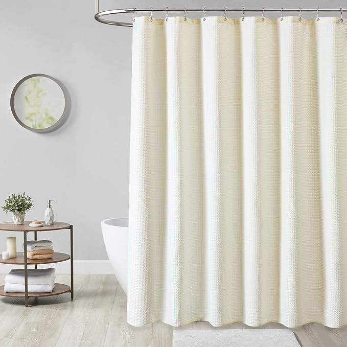 Dynamene Stall Fabric Shower Curtain， 54x78 inch Long Waffle Weave Weighted Thick Cloth Shower Curtains for Bathroom,Neutral Heavy Duty Hotel Spa Luxury Bath Curtain Set with 10 Plastic Hooks,Ivory