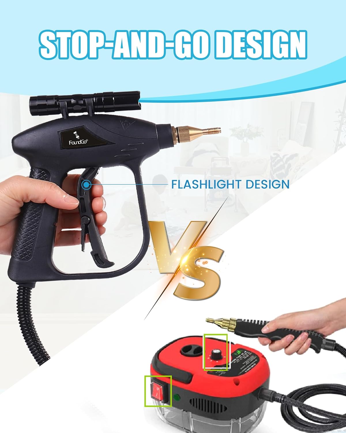 FoundGo 1700W Tankless Handheld Steam Cleaner with 7 Brushes 20s Heating to 239℉ Pressurized Portable Steam Cleaner, Cleaning Home/Kitchen/Car & More-Blue