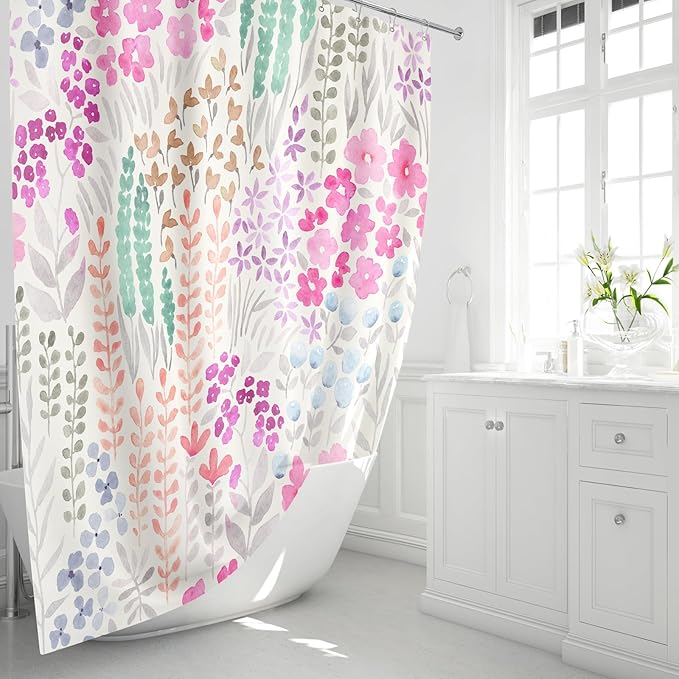 Long Shower Curtain 72 x 78 Inch, Tall Cute Floral Shower Curtain for Bathroom, Hot Pink Wildflower Boho Cottagecore Fabric Shower Curtain Set with Hooks