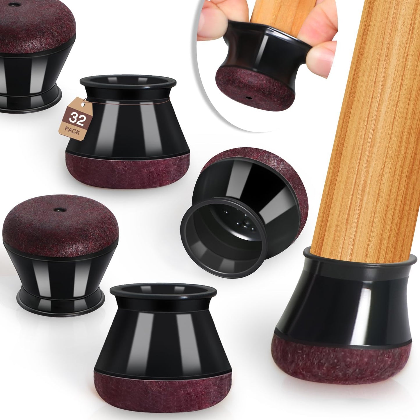Chair Leg Floor Protectors Chair Leg Protectors for Hardwood Floors Felt Silicone Caps Strengthen Bottom Protection Anti-Scratch Reduce Noise 32 Pack Black Round Large Fit 1-3/16" to 1-5/8" (30-40mm)