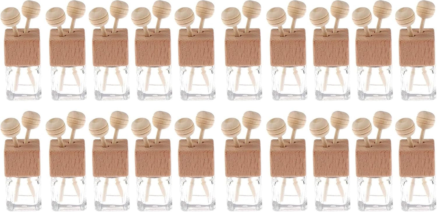 20 Pack,8ml Clear Glass Car Air Freshener Perfume Clip Diffuser,Empty Essential Oil Perfume Vials Diffuser Vent Outlet,Thick Glass Ornament with Wooden Caps,Free Funnel,Dropper