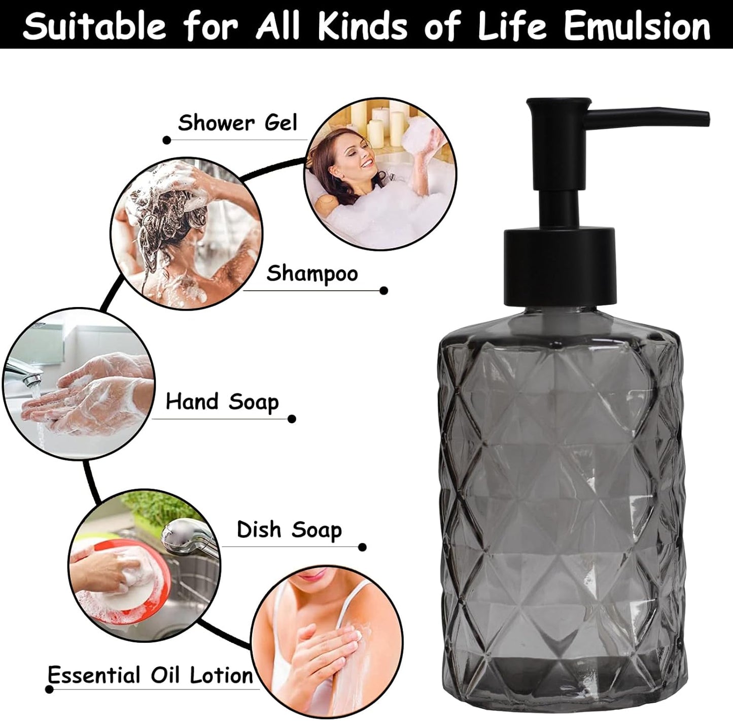 Glass Soap Dispenser with Black Plastic Pump, 12oz Refillable Liquid Hand Soap Dispenser, Crystal Lotion Bottle for Modern Home Decor, Bathroom, Kitchen Countertop, Hotel
