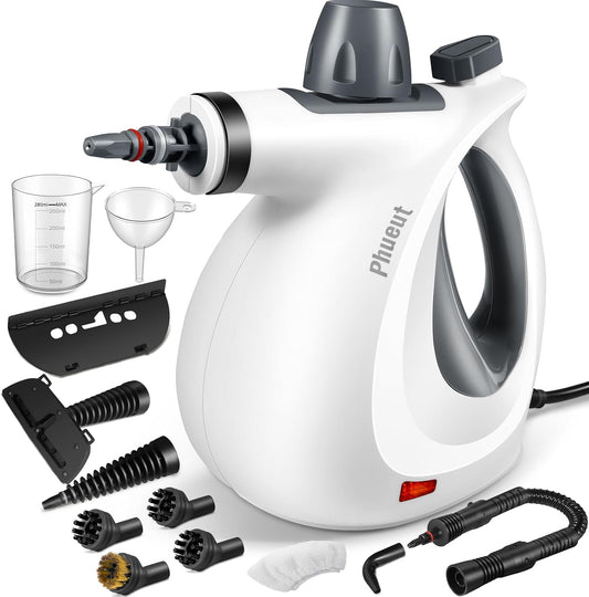 Pressurized Handheld Multi-Surface Natural Steam Cleaner with 12 pcs Accessories, Multi-Purpose Steamer for Home Use, Steamer for Cleaning Floor, Upholstery, Grout and Car (Grey)