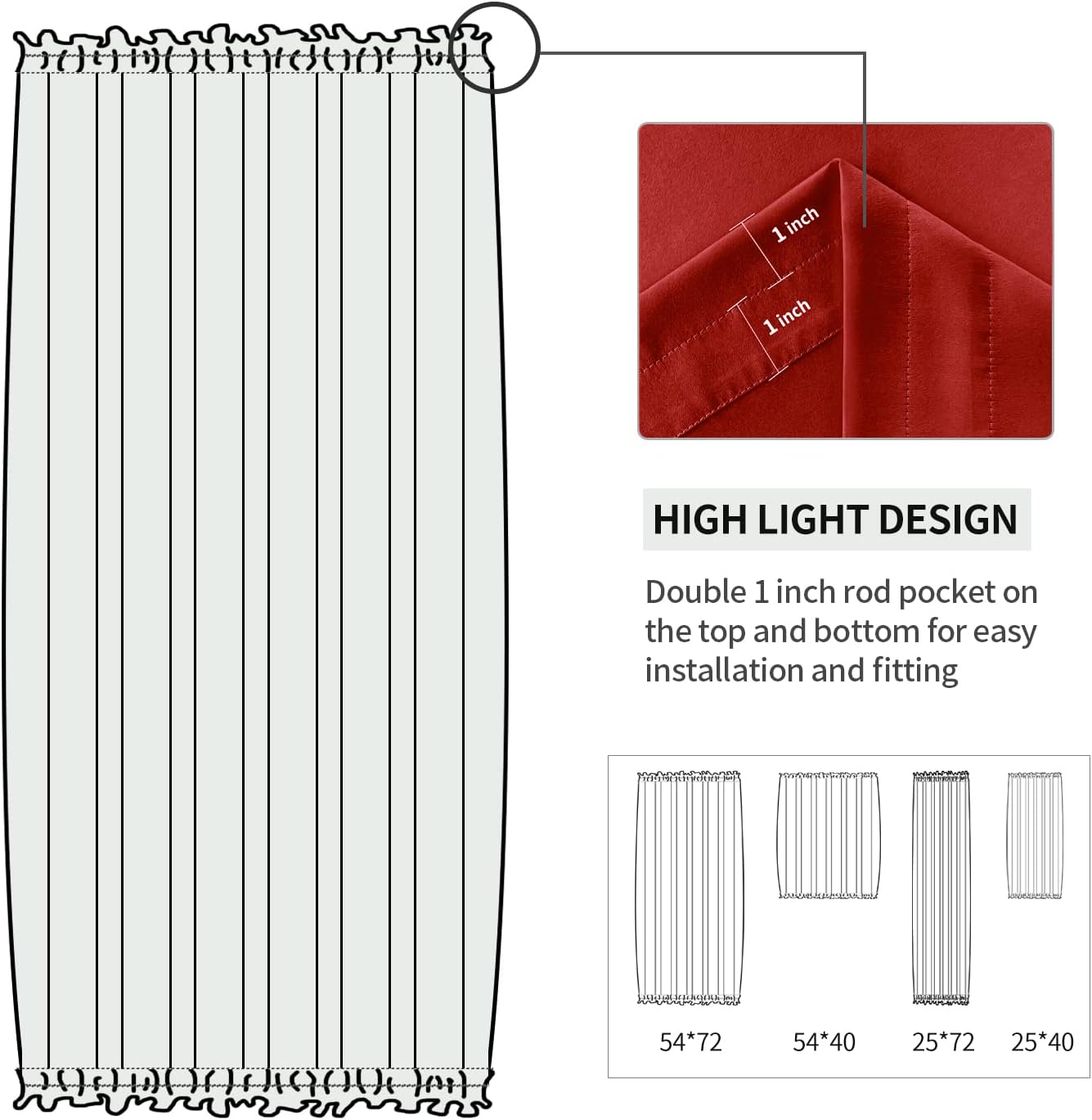 DWCN French Door Curtains – Rod Pocket Thermal Blackout Curtain for Doors with Glass Window, Christmas, Kitchen and Patio Doors for Privacy, 25 X 72 Inches Long, 1 Curtain Panel with Tieback, Red