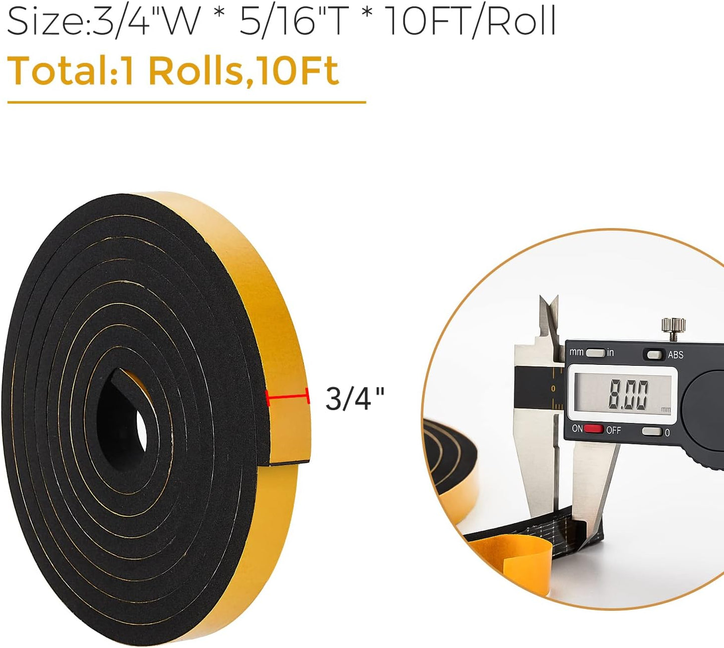 10 Feet Weather Stripping Door Seal, 3/4" Wide X 5/16" Thick Door Seal Strip High Density Foam Tape Adhesive Strip for Door Soundproofing,Window Insulation (3/4" x 5/16" x 10FT,Black)