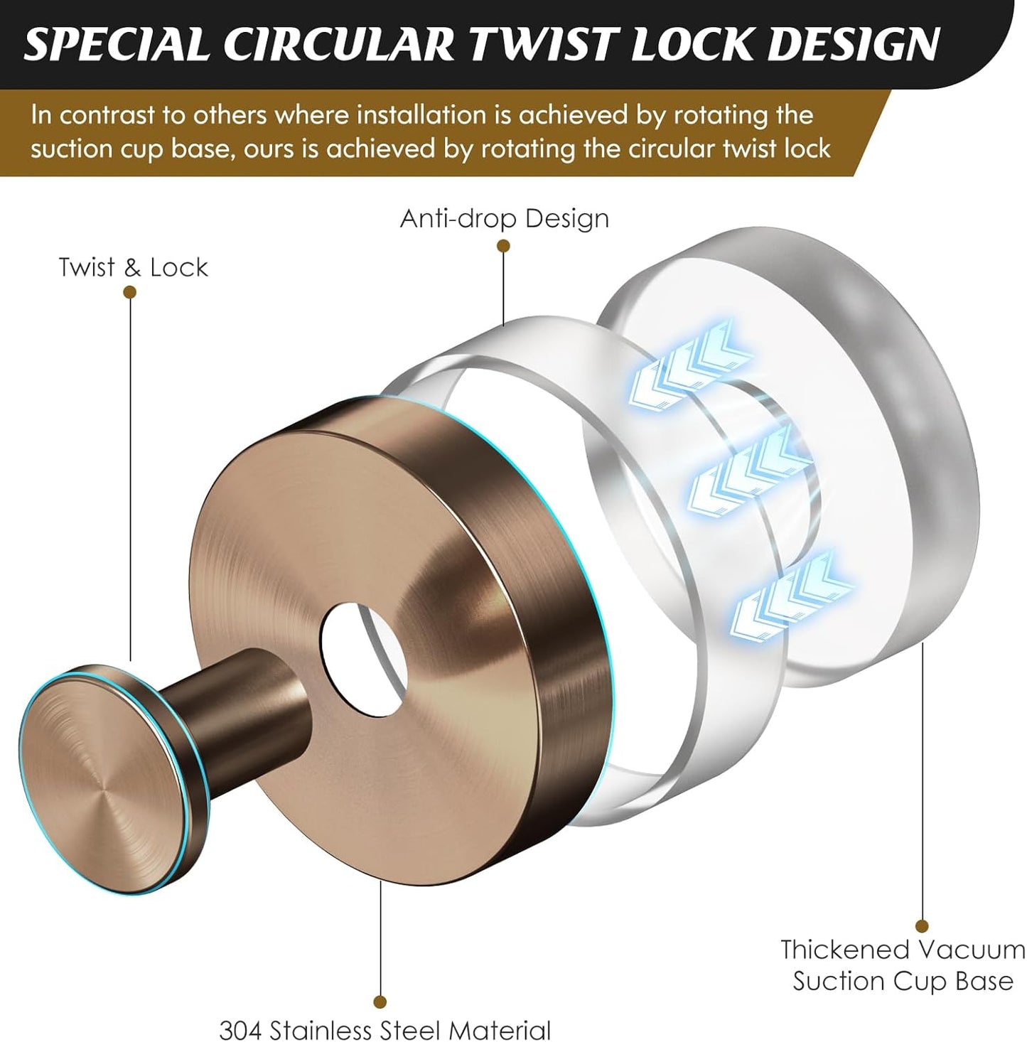 Suction Cup Hooks for Shower,2Pcs Shower Towel Suction Hooks,No Drill Towel Hooks for Bathroom Wall,Kitchen,Glass,Mirror,Tile to Hang Towels,Robes,Loofah-Champagne Bronze